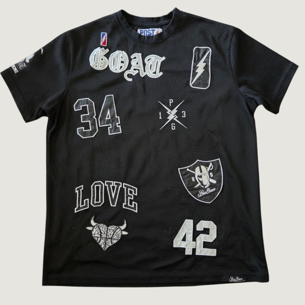 Post Game Mens Black Mesh Multi Patch Jersey Tee Shirt GOAT Champion 2XL